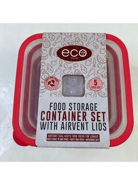 Eco Home 5-Piece Food Storage Container Set Airvent/Airtight Lids BPA Free Red